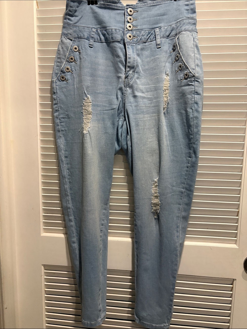 Ashley Stewart Light Blue Distressed Boyfriend Jeans with Grommet Detail